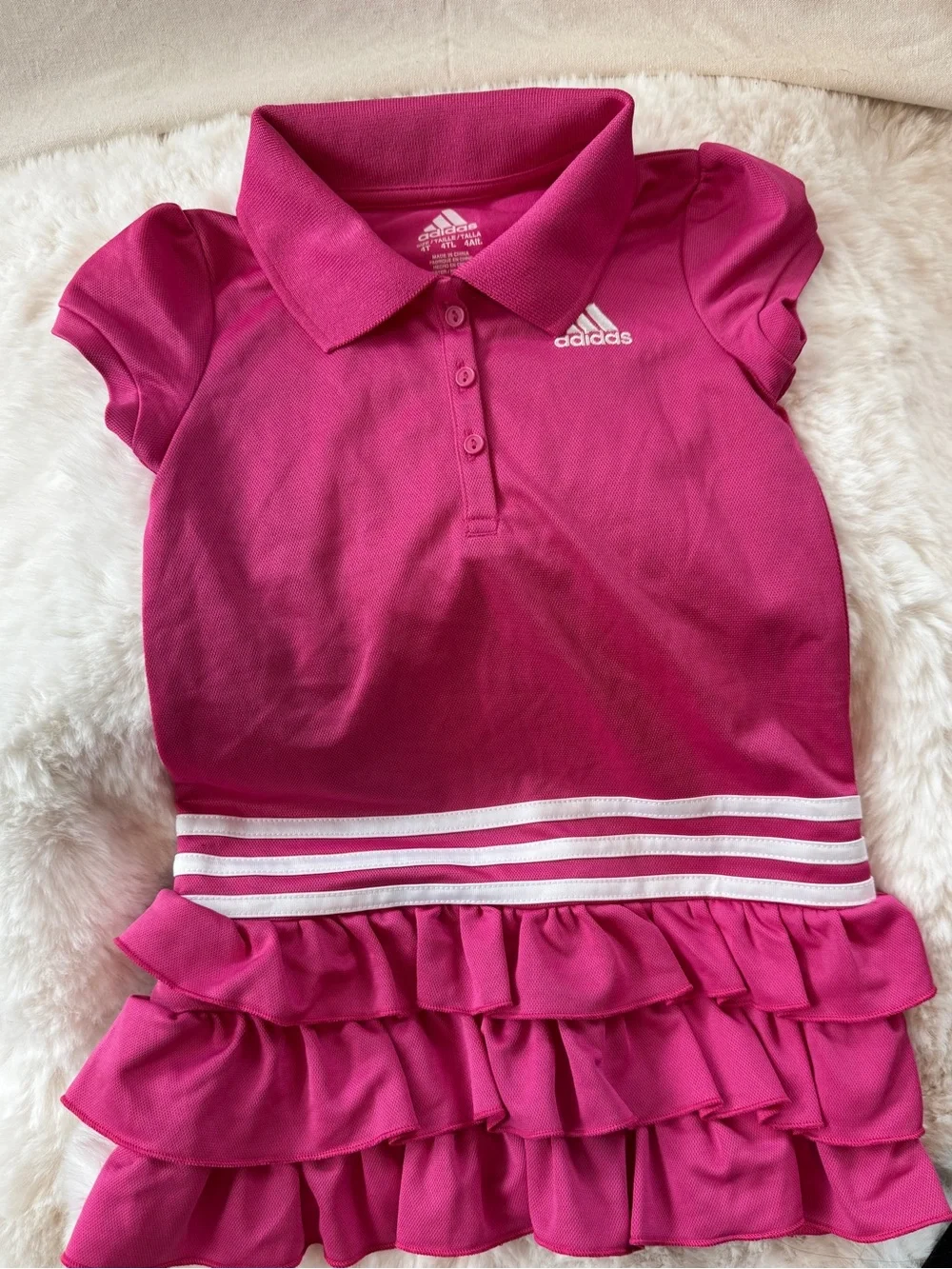 adidas Girls Hot Pink Polo Ruffle Dress with White Stripe Detail, 4T